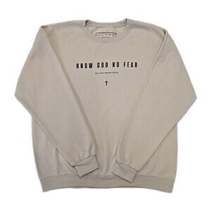 ALYFT• Know God No Fear• Unisex Crewneck Sweatshirt Sz L Sandstone Cross